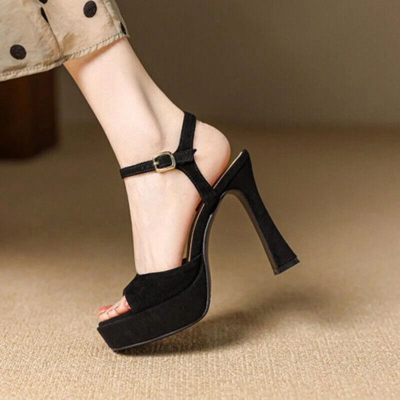 Sandalias de tacón alto con correa y hebilla de punta abierta para mujer Zapatos informales de vestir de fiesta Foto 3 de 4