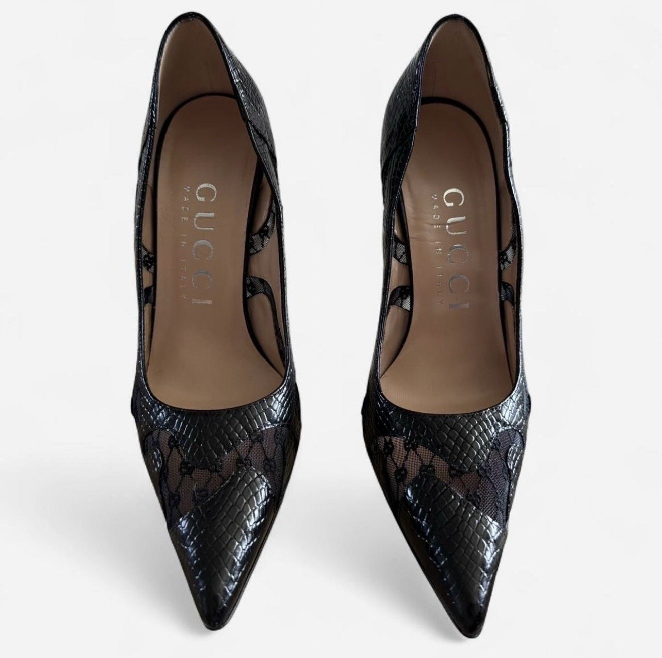 GUCCI Black Lace & Python-Embossed Leather Pointe… - image 1