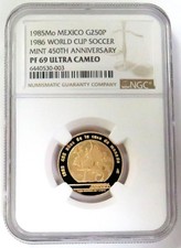 Moneda de oro 1985 México 250 pesos Copa Mundial Fútbol Prueba NGC PF 69 ULTRA CAMAFEO
