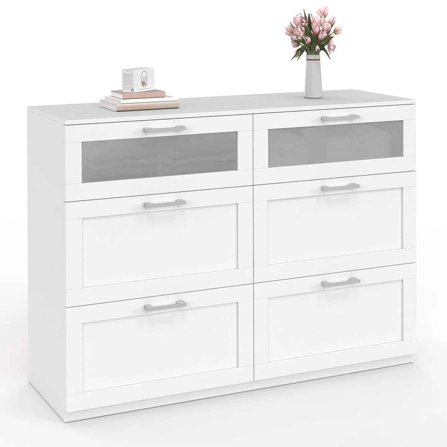 Commode 6 tiroirs VITO bois blanc et effet givré pour une chambre lumineuse