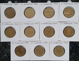 Finland Full Set 11x 10 Markkaa 1928 1939. KM# 32A. Aluminum bronze!!!