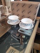 PAIR OF COLCLOUGH BRAGANZA BONE CHINA TWO-HANDLED SOUP COUPES & SAUCERS B13