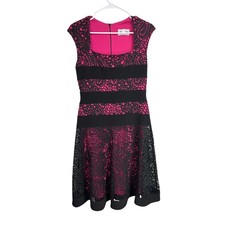 Joseph Ribkoff Size 6 Black Fuchsia Lace Dress Cap Sleeves Full Lining