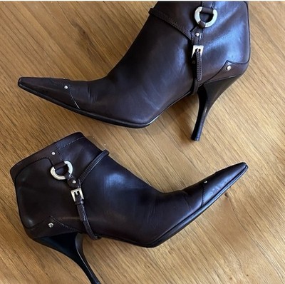 PRADA Brown Leather Ankle Bootie Buckle Zipper Pointed Toe EU 38.5