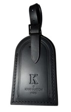 Louis Vuitton Paris Black Leather Name Tag w/ K Initial Silver tone Accent Large