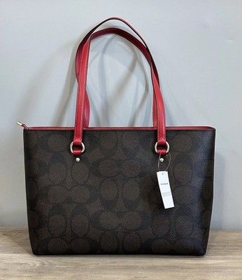 NWT COACH Tote Shoulder Bag Signature Canvas Leather Walnut Red