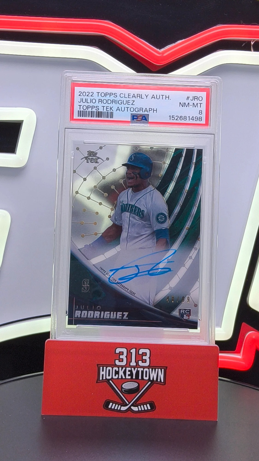 2022 Topps Clearly Authentic Topps Tek Autographs Julio Rodriguez #JRO /99 PSA 8