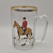 Vintage Glass Beer Mug with Equestrian and Fox Hunt Design