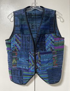 Women’s Blue Multicolor Geometric Bohemian Lined Button Front Sleeveless Vest L