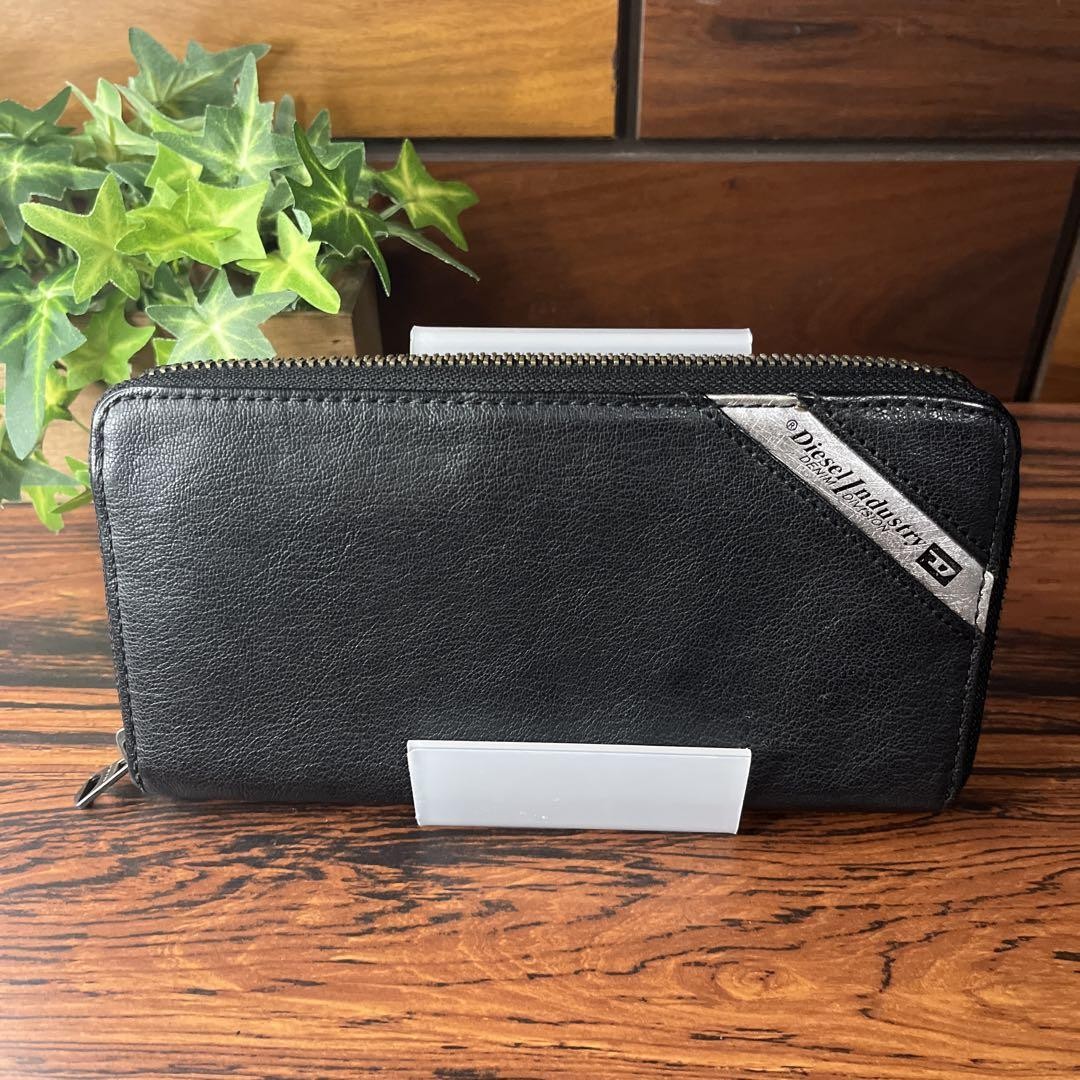 Diesel Men Long Wallet Black Round Zip Genuine Leather Zipper