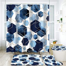 4-Piece Sky Blue Geometric Pattern Shower Curtain Set