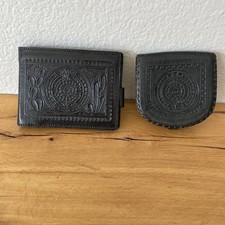 Hand Tooled Embossed Leather Bifold Organizer  Coin Wallets Black Aztec Mexico