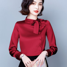 Women Faux Silk Satin Bow Blouse Shirts Tops T-shirts Casual Formal Shiny