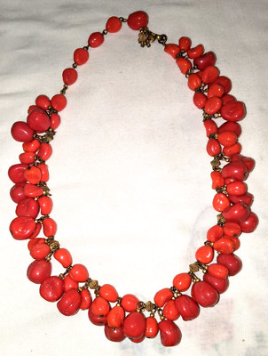 1950s MIRIAM HASKELL SIGNED Vintage faux coral glass bead and brass necklace