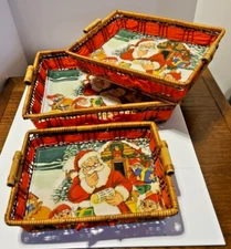 Bread Baskets 3 Nesting Christmas Large 11 x 15  Med Small Santa Elves Vintage 