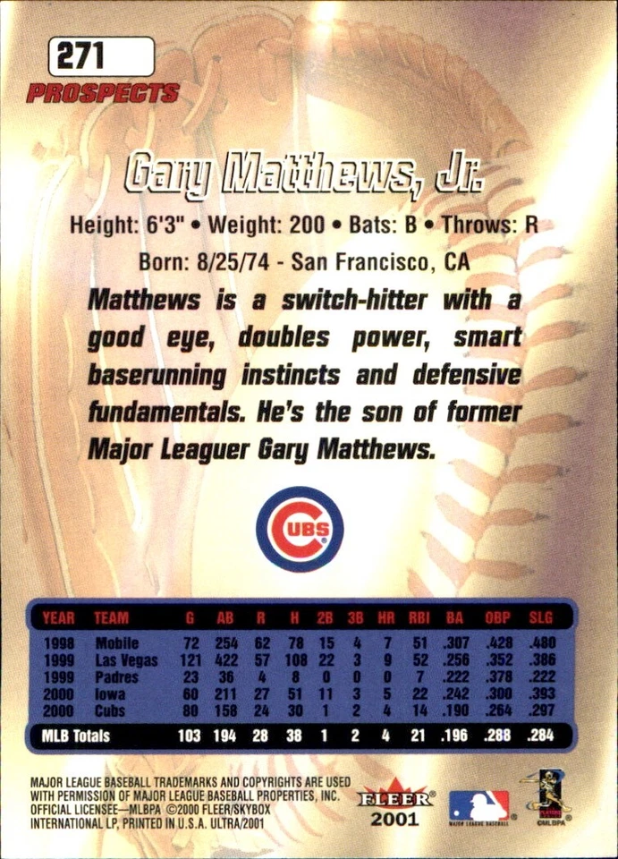2001 Fleer Ultra #271 Gary Matthews Jr SP PROSPECTS CHICAGO CUBS - Image 2 of 2