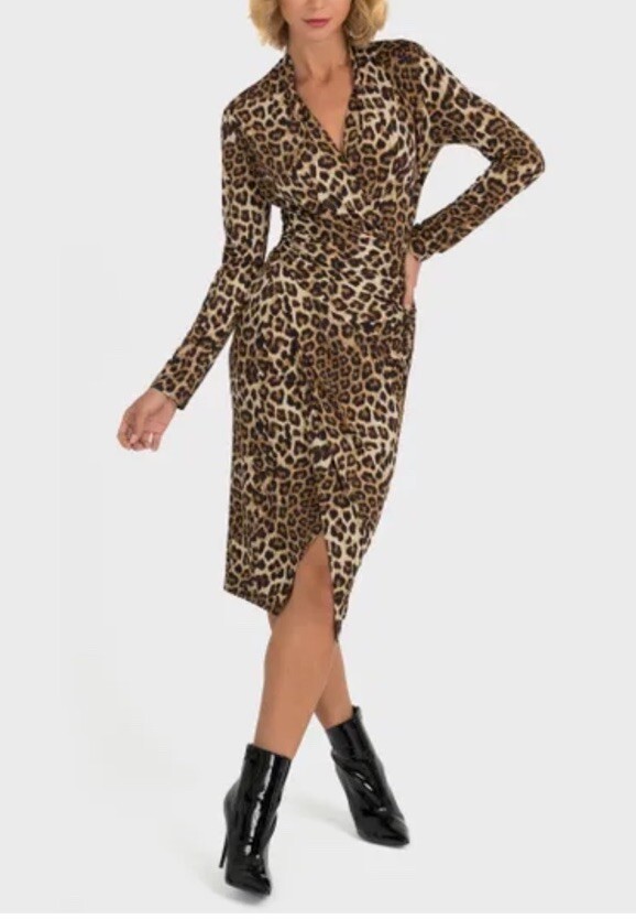 Joseph Ribkoff Brown Animal Print Slit Front Stretchy New Dress Size Us 4 Midi