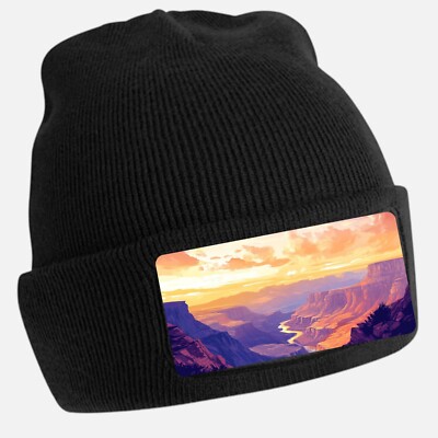 Black Beanie Hat with Cool Grand Canyon Motif - Unisex Cap, Cotton