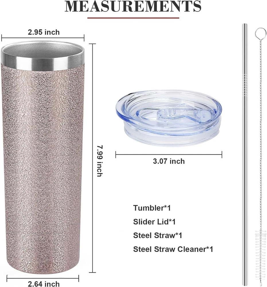 Tumbler with Lid & Straw, Narrow shape, Stainless Steel, Vacuum Insulated, 20oz