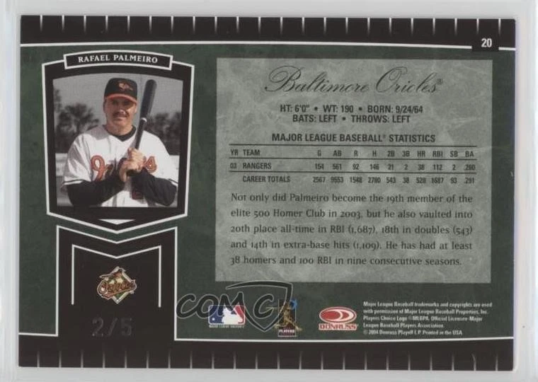 2004 Leaf Certified Cuts Marble Emerald /5 Rafael Palmeiro #20 - Image 2 of 2