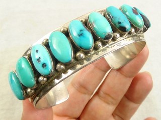 Navajo Leonard James HEAVY 70g 6 7/8" Sterling 9 Turquoise Cuff Bracelet Native