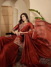 Women Maroon Silk Embroidered Kurta With Sharara Dupatta, Diwali Ethnic Wear