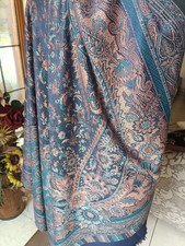 ROYAL REVERSIBLE JAMAVAR SHAWL SOBER COLORS greyish blue PASHMINA PAISLEY DESIGN