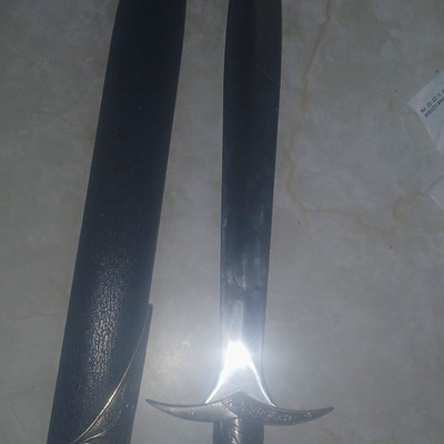 Silver Double-Edge Sword Reproduction, Metal Handle & Blade, Black Scabbard