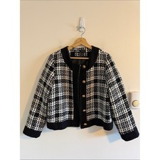 Zara Tweed Cropped Blazer Women's Medium Black White Houndstooth Gold Button