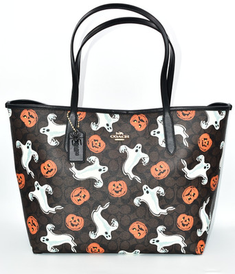 Coach City Tote Bag In Signature Canvas With Halloween Print Pumpkin Ghost NWT