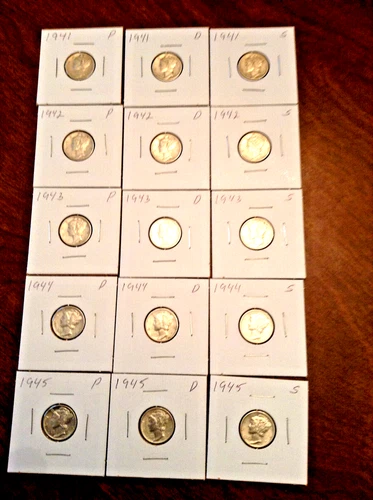 1941 - 1945 P D S MERCURY HEAD SILVER DIME 15 COIN SET Uncirculated
