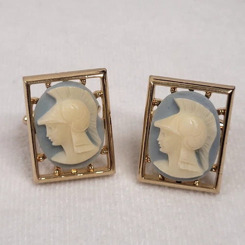 Vintage Centurion Soldier Faux Cameo Men's Cufflinks Gold Tone Blue White
