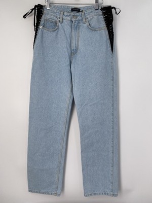 Mugler Womens Jean Medium Blue Size 30x31 Lace Up Mid Rise Slim Straight Leg