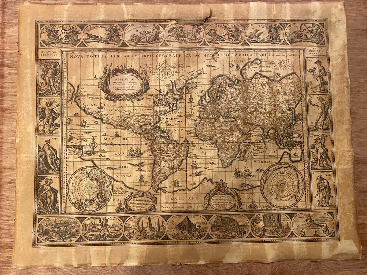 特価Blaeu 壁掛けアンティーク風世界地図 二つの球体地図、人気の金＆黒の額縁 特価Blaeu 壁掛けアンティーク風世界地図 二つの球体地図、人気の金＆黒