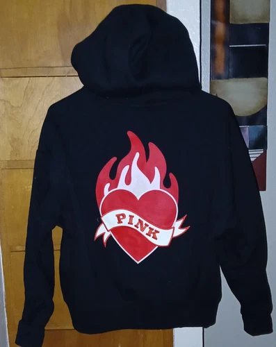 UNDERCOVER Felpa con cappuccio nuova con etichette ROSA Victorias Secret oversize XS full zip nera rossa cuore fiamma