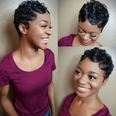 Pixie Cut Wig Black Finger Wave Human Hair Lace Front Wigs L 