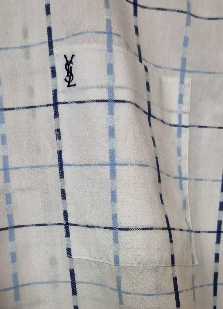 Camicia Yves Saint Laurent bianca blu quadri manica corta poli cotone taglia large