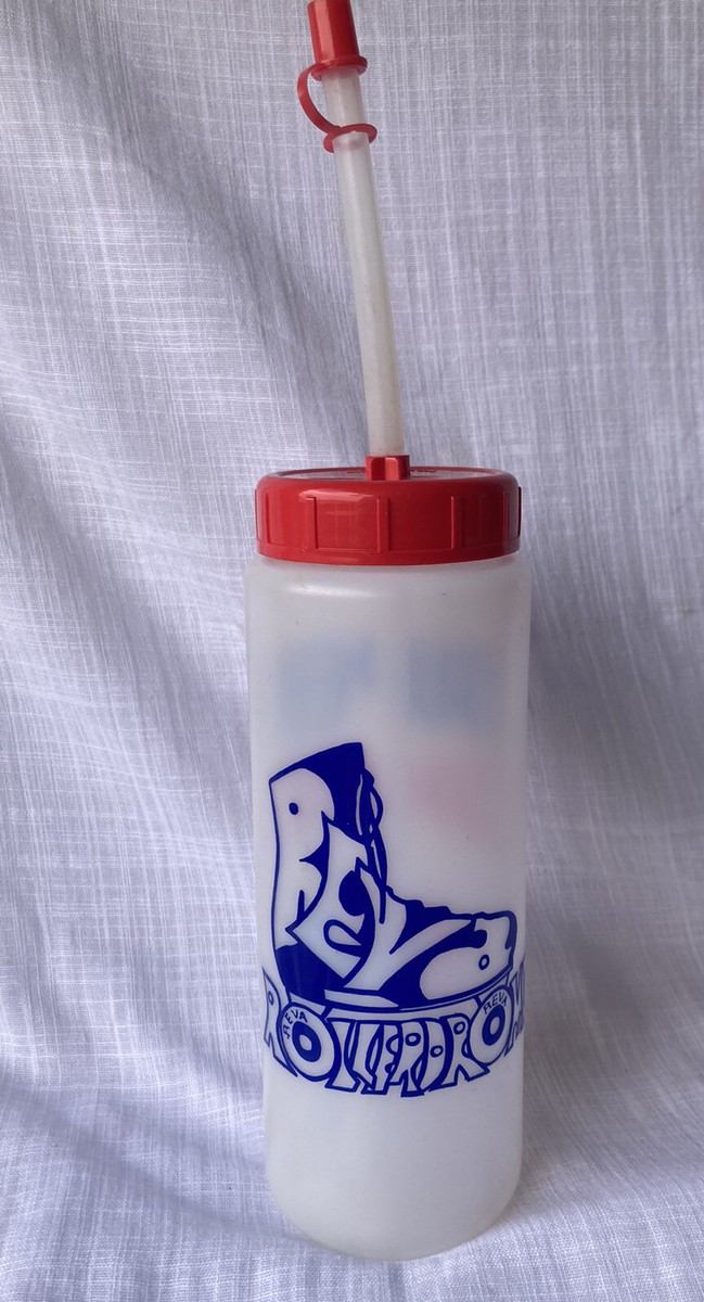 Vtg 90s Plastic Water Bottle W/ Straw Reva Rollerdome Auburn NY