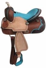 13" Pony/Youth Turquoise Tooled Basketweave Barrel Style Saddle New Double T 