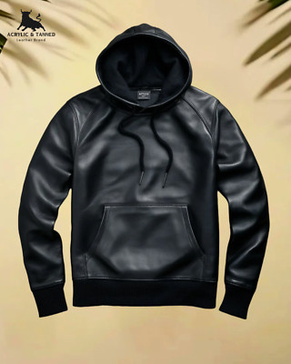 Herren Schwarz Leder Hoodie Jacke Echt Motorrad Biker Kapuze Lammfell Mantel