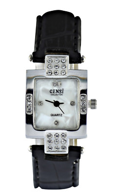 Censi Damen-Analoguhr Splitter Diamant quadratisches Zifferblatt schwarzes PU-Lederband