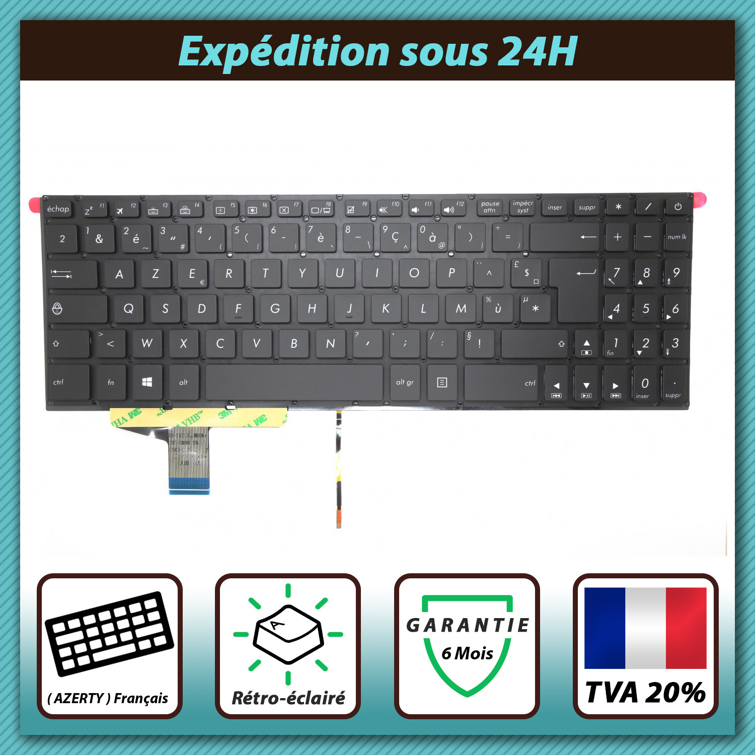 Clavier français AZERTY Asus Vivobook Pro 15 NX580VD NX580VN rétroéclairé de rechange