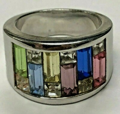 Silver Tone Colorful Rhinestones Ring Size 6