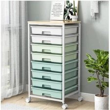 Rolling Storage Utility Cart Organizers with 8 Drawers and Wooden Tabletop fo...