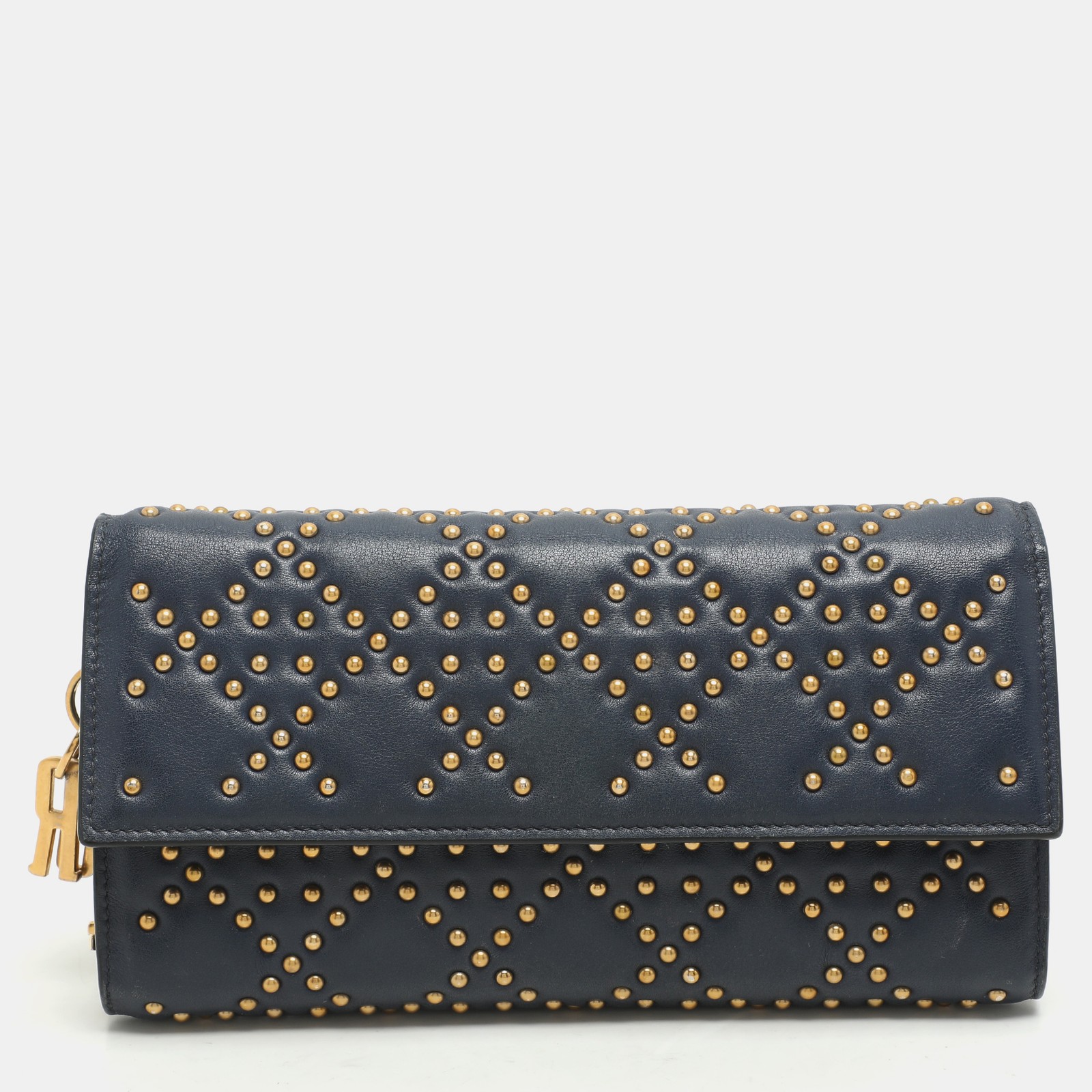 Dior Navy Blue Leather Studded Lady Dior WOC Crossbody Bag