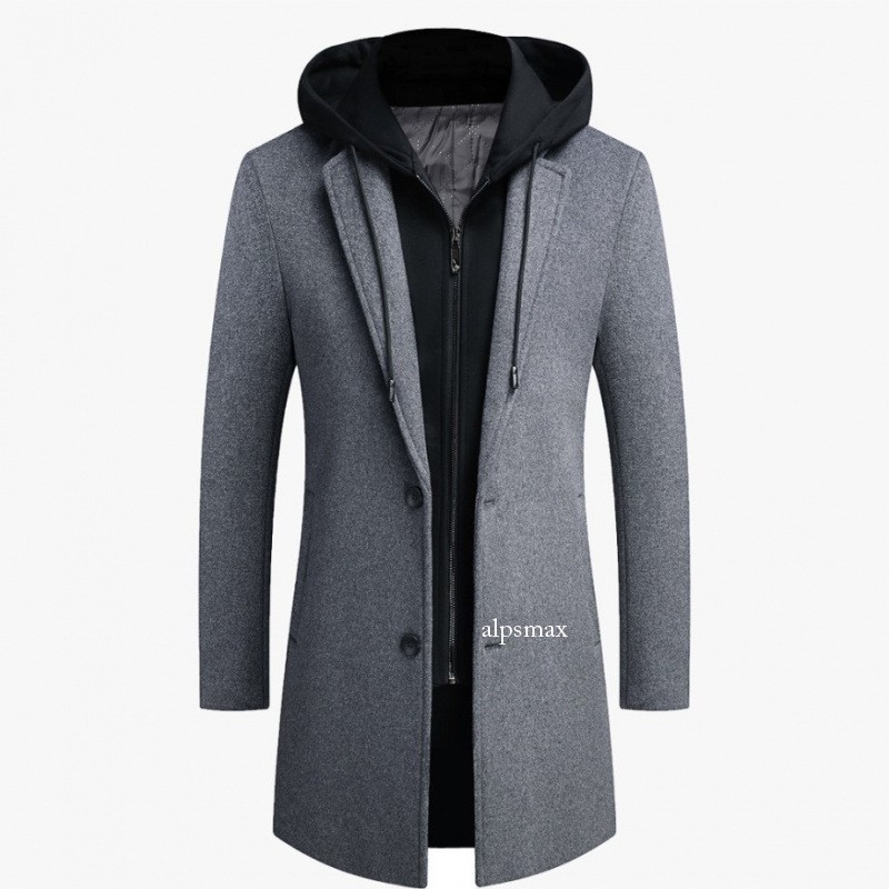 Korean Woolen Mens Detachable Hooded Mid Long Trench Coat Overcoat Winter Autumn
