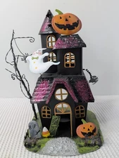 Vtg Metal Halloween Scary House Tea Light Candle Holder Kohl's Glitter Ghost
