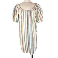Madewell Mini Dress Womens XXS Puff-Sleeve Trapeze in Rainbow Stripe Colorful