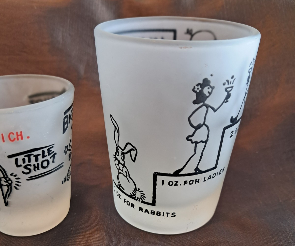 Vtg MCM Shot Glass 2pc Set Say When Little Shot Hazel Atlas Anchor Hocking 50s