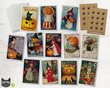 24 Vintage Halloween Greeting Cards & Envelopes Creepy Kids Holiday Set